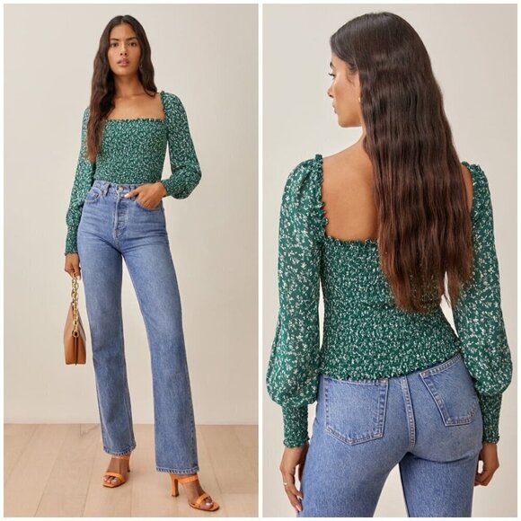 💕REFORMATION💕 Pinto Top ~ Parsley Green Floral Print Medium NWOT - Picture 1 of 12